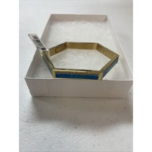 HSN Stately Steel Gold-Tone CZ & Gemstone Hexagon Bangle Bracelet Lapis S/M